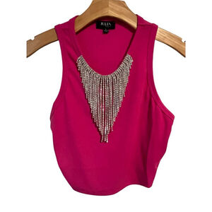 Julia By Love J Pink Rhinestone Fringe Tank Top Blouse Large